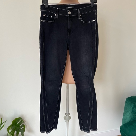 7 for All Mankind 7FAM Black Spliced Hem Black Sateen Ankle Skinny Jean EUC 27 - Picture 4 of 11